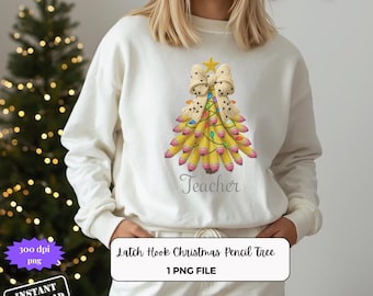 Latch Hook Christmas Pencil Tree PNG, Teacher Holiday Design (300 DPI)