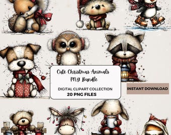 Cute Christmas Animals PNG Bundle, Holiday Animal Clipart, Winter PNG Set, Christmas Clipart for Crafts, Sublimation