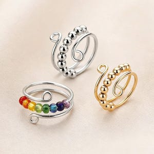 Angstring met kralen, Mindfulness Fidget Spinner-ring, verstelbare roestvrijstalen stressreliefsieraden, minimalistische goudzilveren ring