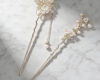 Horquilla dorada con flores y mariposas y borlas de perlas, estilo vintage, elegante horquilla francesa para mujer, accesorio para novia.