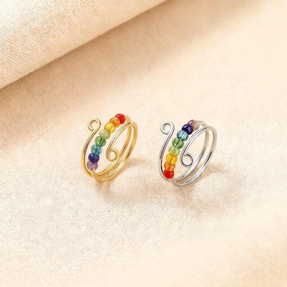 Rainbow Beaded Anxiety Ring, Stainless Steel Fidget Spinner, Adjustable Stress Relief Jewelry