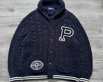 Cárdigan Polo Ralph Lauren RARO, estilo universitario, con parches, P Football, azul marino, XXL