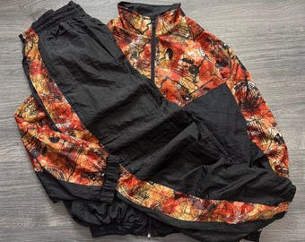 Rare Vintage Printed Mens Nylon TrackSuit Pants + Jacket Size L Retro 90s Black