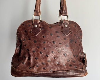 Genuine Leather Handbag Ostrich Embossed Brown Vintage Style Shoulder Bag Structured Textured