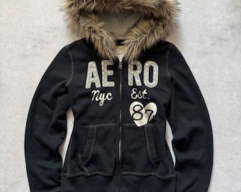 Y2K Aeropostale Fur Trim Zip Hoodie Vintage 2000s Cozy Fit Heavyweight tribal big logo women’s size XL