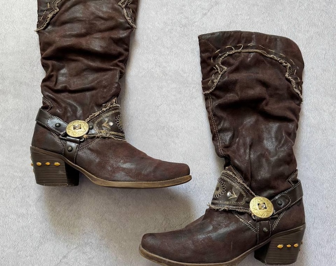 Rustic Boots Vintage Brown Leather Western Boots Rustic Distressed Leather Mid Calf ...