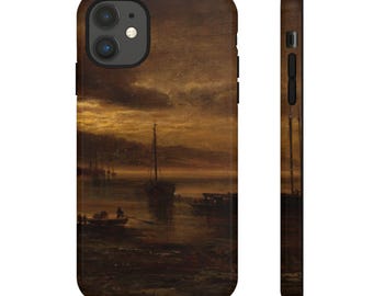 Vintage Sunset Harbour Painting Phone Case: Nautical Boat Art