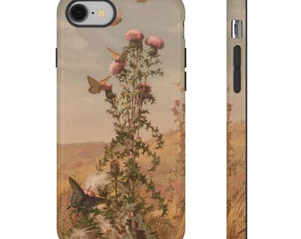 Vintage Thistle and Butterflies Tough Phone Case – Protective Cover, Antique Floral Print, Unique Gift for Nature Lovers & Art Enthusiasts