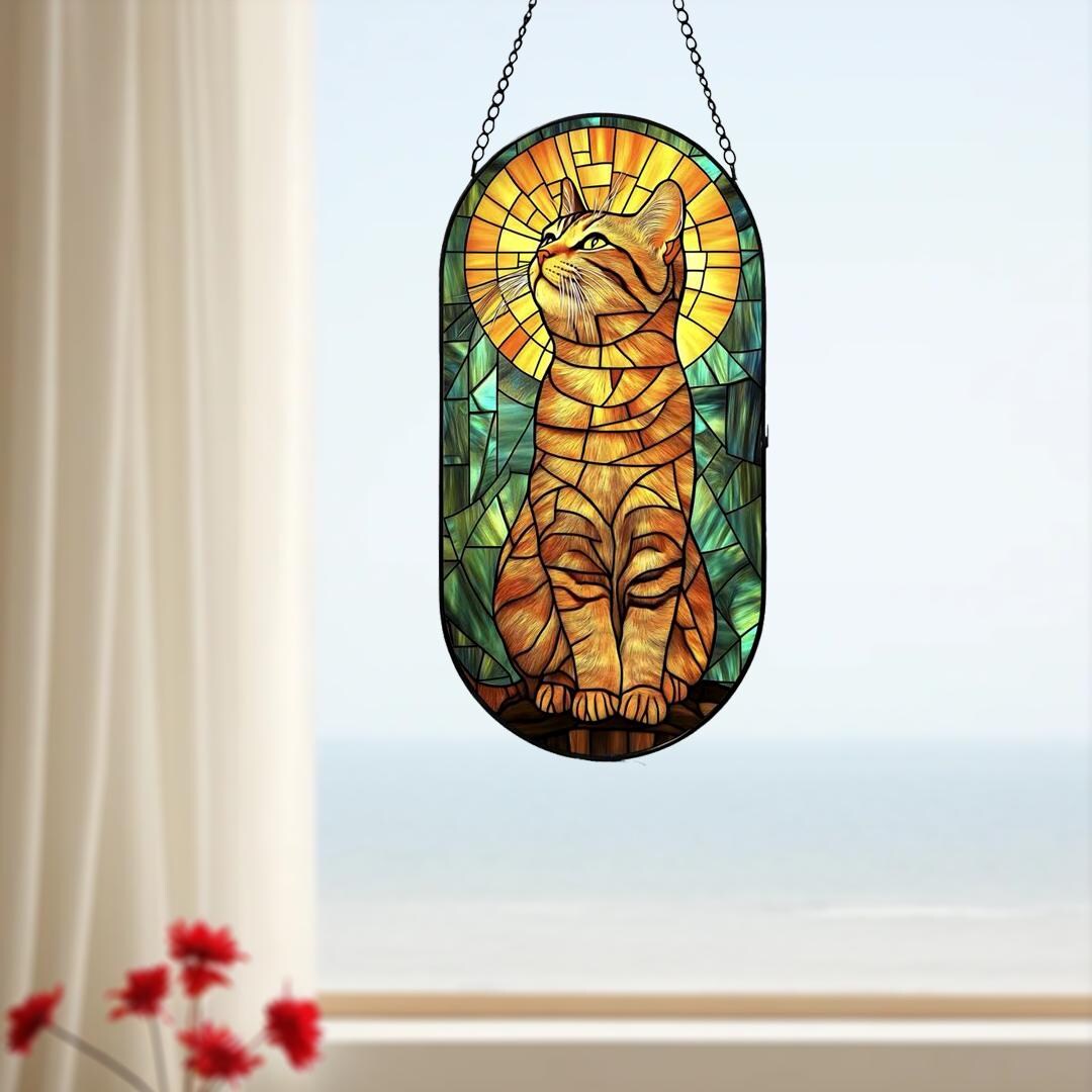 Sunlit Cat Stained Glass Suncatcher Arch Shape Orange Tabby Window ...
