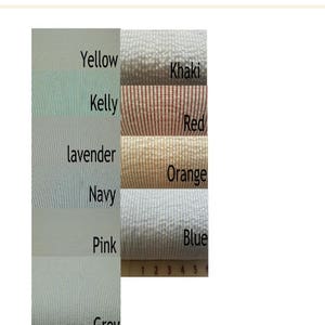 May include: Fabric Finders seersucker fabric swatches in various colors, including yellow, khaki, kelly green, red, lavender, navy, pink, orange, blue, and grey. The fabric is 100% cotton and 57 inches wide.