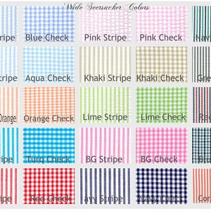 May include: A chart showing different colors and patterns of wide seersucker fabric. The colors include blue, aqua, creamcicle orange, turq, red, navy, pink, khaki, lime, grey, and coral. The patterns include stripes and checks.