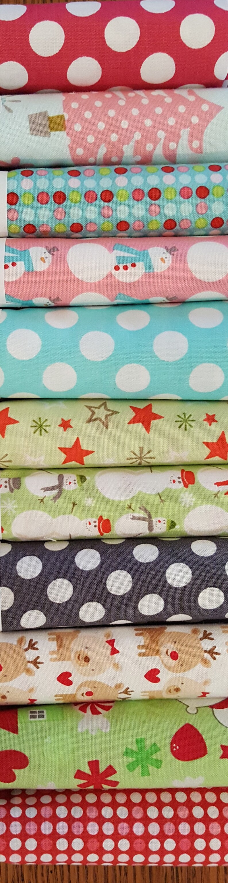 Fat Quarter Set of 11 Christmas Dots Reindeer Stars Snowmen Aqua Grey Blue Red Fat Quarter Bundle #11