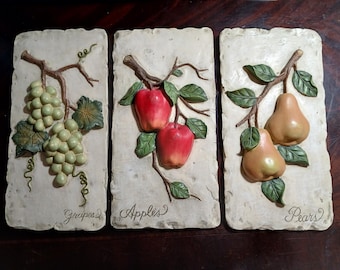 Vintage - Fruit Wall Plaques - Grape - Apple - Pear - China - OLD - some hit.  Look
