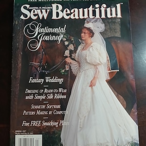 May include: A vintage magazine cover for "Sew Beautiful" featuring a bride in a white wedding dress with a veil, standing next to a horse. The cover includes text such as "Sentimental Journey" and "Fantasy Weddings".