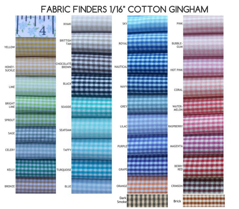 K&ouml;nnte beinhalten: Eine Stoffmusterkarte mit 1/16 Zoll Baumwoll-Gingham in verschiedenen Farben, darunter Gelb, Gr&uuml;n, Blau, Rot und Braun. Die Karte ist mit "Fabric Finders 1/16" Cotton Gingham" beschriftet.