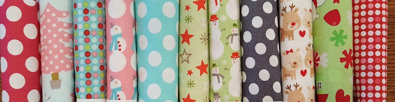 Fat Quarter Set of 11 Christmas Dots Reindeer Stars Snowmen Aqua Grey Blue Red Fat Quarter Bundle #11