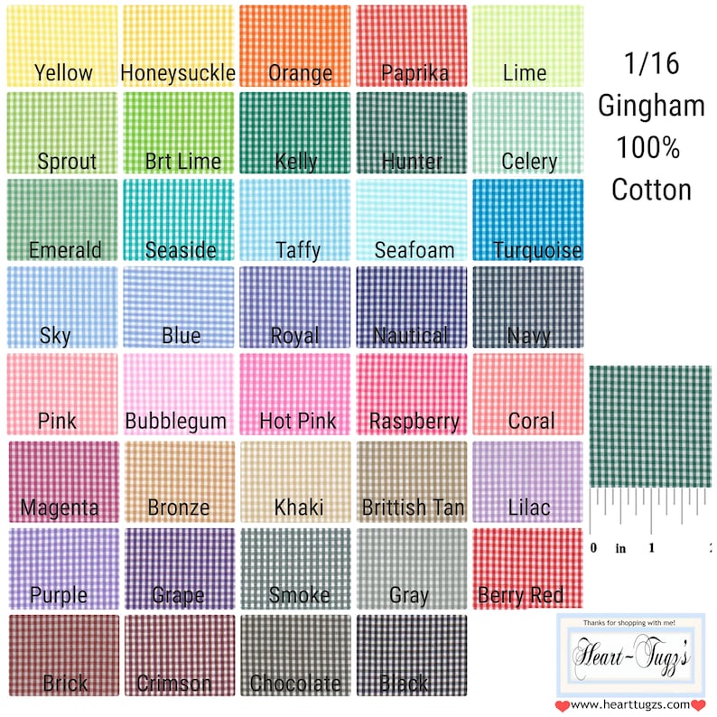 K&ouml;nnte beinhalten: Eine Farbkarte mit 1/16 Zoll Gingham-Stoff aus 100% Baumwolle. Die Karte zeigt 24 verschiedene Farben, darunter Gelb, Orange, Gr&uuml;n, Blau, Rosa, Rot, Lila, Braun und Grau. Die Karte ist mit dem Farbnamen und dem Stofftyp beschriftet.