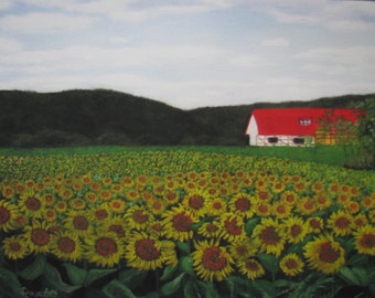 Sunflower Painting, Landscape, Wildflowers, Scenic, Country Decor - Fine Art Giclee Print (Field of Happiness) by Dawn Ash