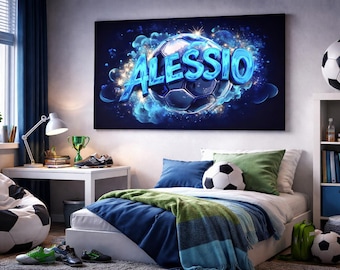 Kinderzimmer Bild mit Name Fußball, personalisiertes Wandbild für Jungen, Leinwand auf Keilrahmen, Geschenk zum Geburtstag