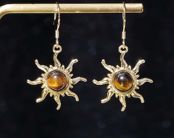 Tiger's Eye Sun Earrings Gemstone Dangle Earrings Tiger Eye Sun Necklace Sun Jewelry Set Gift For Her Birthday Gift Christmas Gift