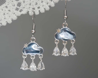 Cloud Raindrop Earrings Blue Cloud CZ Teardrop Necklace Set Stainless Steel Hypoallergenic Hook Whimsical Weather Jewelry Gift for Her
