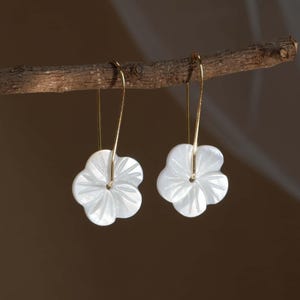 Mother of Pearl Flower Earrings Dangle 316 Surgical Steel Hypoallergenic Kidney Wire Hook Carved Shell Botanical Drop Bridesmaid Gift