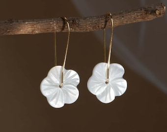 Mother of Pearl Flower Earrings Dangle 316 Surgical Steel Hypoallergenic Kidney Wire Hook Carved Shell Botanical Drop Bridesmaid Gift