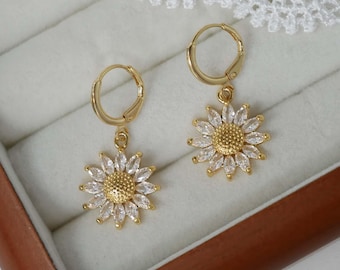 Gold Sunflower Daisy Earrings, Cubic Zirconia Brass Huggie Hoops, Floral Pendant Necklace  Botanical Jewelry Set Gift for Her
