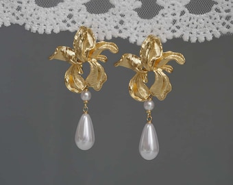 Statement Gold Flower Earrings, Pearl Teardrop Dangle, S925 Silver Post, Bridal Wedding Jewelry, Botanical Gift for Her