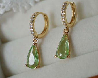 Peridot Green Teardrop Huggie Hoop Earrings Necklace Jewelry Set Cubic Zirconia Gold Brass Dangle Pendant Bridesmaid Gift for Her