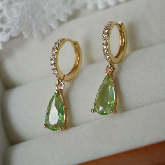 Peridot Green Teardrop Huggie Hoop Earrings Necklace Jewelry Set Cubic Zirconia Gold Brass Dangle Pendant Bridesmaid Gift for Her