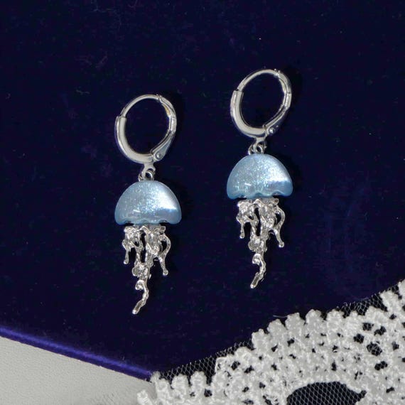 Jellyfish Huggie Hoop Earrings Necklace Set Iridescent Blue Resin Ocean Jewelry Silver Sea Creature Pendant Marine Life Gift for Her