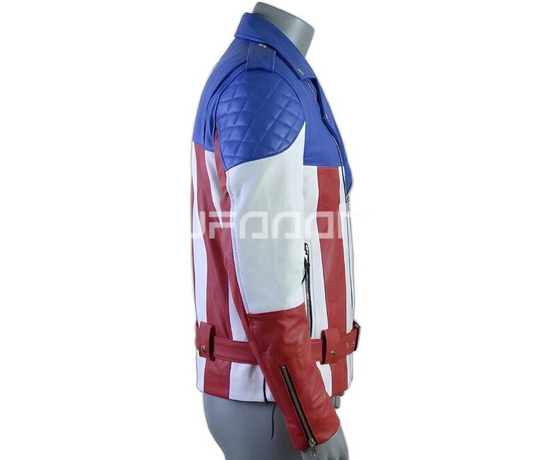 May include: A motorcycle-style jacket featuring a blue quilted shoulder panel, white mid-section, and red lower section with vertical stripes. The jacket includes a collar, a waist belt with a metal buckle, and silver-toned zippered sleeve cuffs.