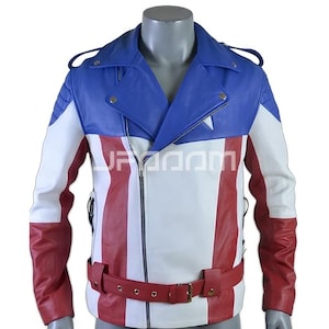 Captain America Biker Leather Jacket – Patriotic superhero cosplay motorcycle jacket in image. Features red and white stripes, blue chest collar, asymmetrical zipper, quilted shoulders, and a red waist belt on a mannequin