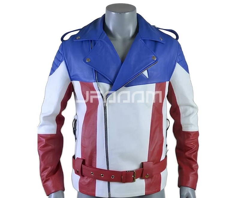 Captain America Biker Leather Jacket – Patriotic superhero cosplay motorcycle jacket in image. Features red and white stripes, blue chest collar, asymmetrical zipper, quilted shoulders, and a red waist belt on a mannequin