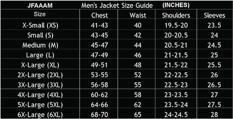 May include: A size guide for jackets, with measurements in inches. The chart includes sizes from X-Small to 6X-Large, detailing chest, waist, shoulder, and sleeve dimensions. The text "JFAAAM" is at the top.