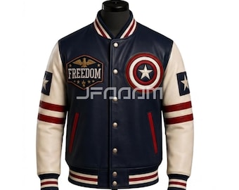 Captain America Leather Varsity Jacket | Patriotic American Flag Bomber | Freedom Cosplay Coat