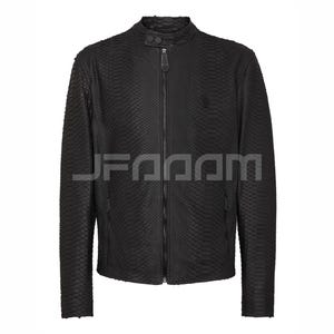 May include: Black leather jacket with a textured pattern. The jacket has a stand-up collar, a front zip closure, and two side pockets. The sleeves are long, and the jacket has a tailored fit. The brand name "JFOOAM" is printed on the bottom of the jacket.