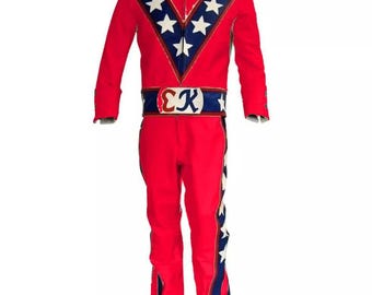 Evel Knievel Real Red Cowhide Leather Hollywood Dare Devil Stuntman Motorbike Suit: Motorcycle Now Trending Retro Punk Style Racing Suit