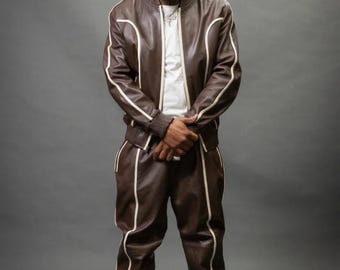 Mens Brown Cowhide Leather Track Suit: Fashion Jacket