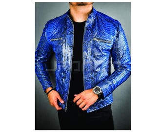 Snake Leather Blue Python Skin Jacket Handmade Christmas Jacket For Men
