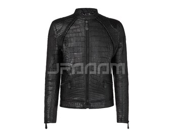 Mens Black Alligator X Crocodile  X Caimen Skin Embossed Reptile Leather Jacket Fashion Show Custom Made Collectors Edition With Gift