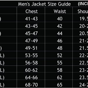 May include: A size guide for jackets, with measurements in inches. The chart includes sizes from X-Small to 6X-Large, detailing chest, waist, shoulder, and sleeve dimensions. The text "JFAAAM" is at the top.