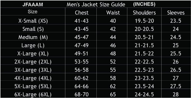 May include: A size guide for jackets, with measurements in inches. The chart includes sizes from X-Small to 6X-Large, detailing chest, waist, shoulder, and sleeve dimensions. The text "JFAAAM" is at the top.
