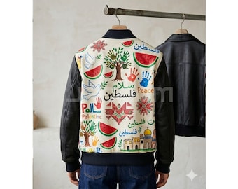 Palestine Art Real Cow Leather Bomber Jacket | Watermelon & Peace Dove Print Coat | Meaningful Solidarity Clothing