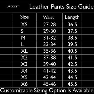 May include: A black and white Leather Pants Size Guide with size, waist, and length measurements. Sizes range from XS to X6, with waist measurements from 27-28 inches to 45-46 inches, and lengths from 36.5 inches to 45.5 inches. Customizable sizing is available.