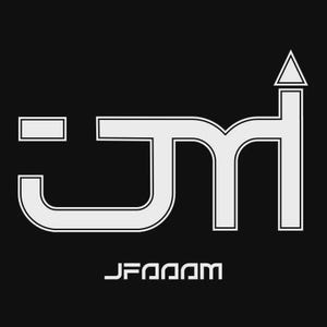 May include: A graphic design featuring a large, stylized white outline of the letters JM on a black background, with the right vertical line extending into an upward-pointing arrow. Below this, the text JFAAAAM is printed in a white sans-serif font.