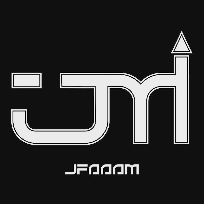 May include: A graphic design featuring a large, stylized white outline of the letters JM on a black background, with the right vertical line extending into an upward-pointing arrow. Below this, the text JFAAAAM is printed in a white sans-serif font.