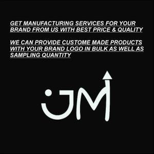 May include: Black background with white text and a stylized logo. The text reads: "GET MANUFACTURING SERVICES FOR YOUR BRAND FROM US WITH BEST PRICE & QUALITY. WE CAN PROVIDE CUSTOM MADE PRODUCTS WITH YOUR BRAND LOGO IN BULK AS WELL AS SAMPLING QUANTITY."