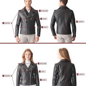 May include: Diagram illustrating how to measure for a black leather jacket. The text "How to Measure Your Size" is at the top. Measurements for chest, waist, sleeves, shoulder, and length are shown. Male and female models are wearing the jacket.